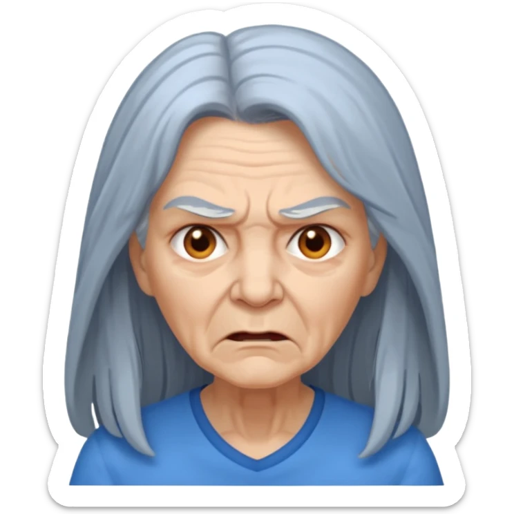 a portrait of angry elderly woman, long hair, wearing shirt sticker