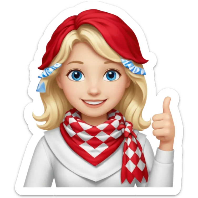 Blonde Girl, Blue Eyes, wavy hair, smiling, thumbs up, wearing red Checkered Triangle scarf, white dress sticker