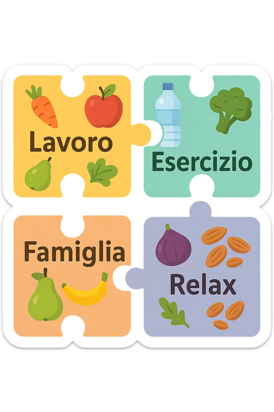 Puzzle (Lavoro, Esercizio, Famiglia, Relax), and healthy foods are integrated into each piece. in italiano sticker