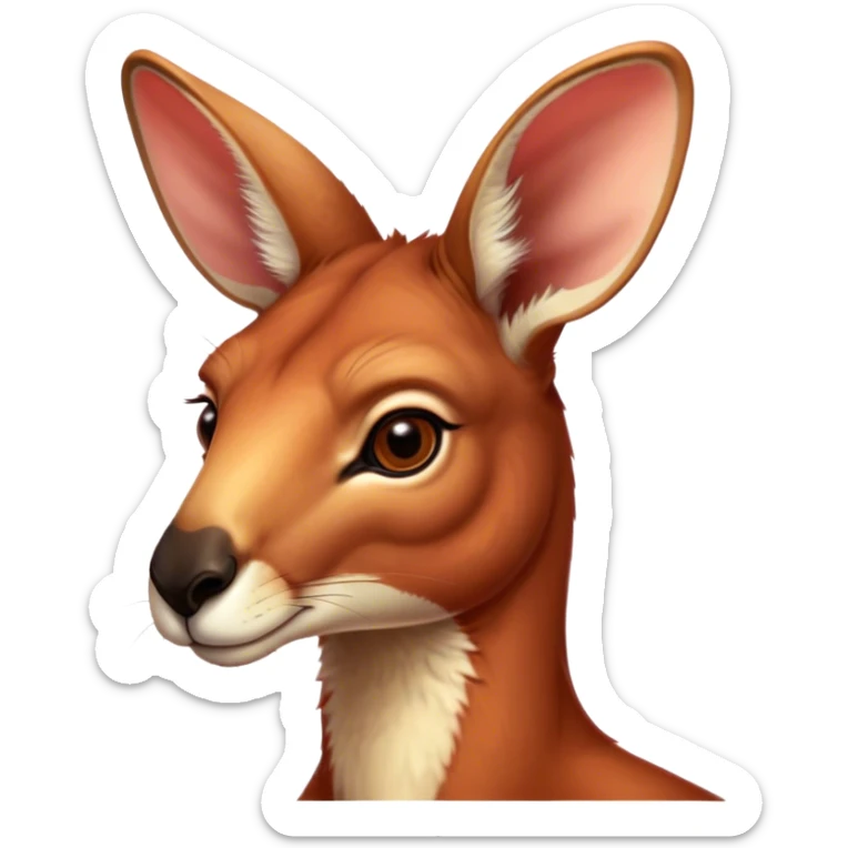 Cinematic Noble Adult Red Kangaroo Portrait Emoji, Poised and regal, with a robust, muscular build, tawny reddish fur, and a distinctive red kangaroo-shaped head featuring a slightly elongated snout, prominent ears, and keen, observant eyes, Simplified yet sharp and sophisticated features, highly detailed, glowing with a warm, sunlit glow, high shine, intelligent and commanding, stylized with an air of outback authority, focused and vigilant, soft glowing outline, capturing the essence of a watchful guardian that seems ready to bound out of the screen with effortless power! sticker