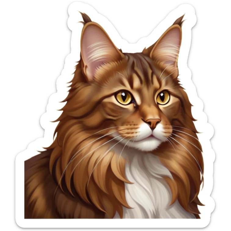 Cinematic Brown Maine Coon Cat Portrait Emoji, Elegant and alert, sleek brown and gold tones with hints of deep auburn, Simplified yet sharp features, highly detailed, glowing with a warm, confident glow, high shine, intelligent and poised with an air of wisdom, stylized with an air of grace, focused and attentive with a calm, old soul expression, soft glowing outline, capturing the essence of experience and majesty, so lifelike it feels as though it could spring into motion at any moment, radiating wisdom and grace. sticker