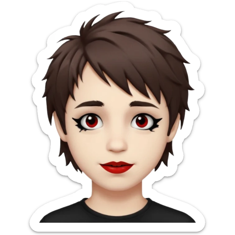 Happy pale Goth boy with shaggy brown hair, and messy black eyeliner , smudged, red, lipstick  sticker