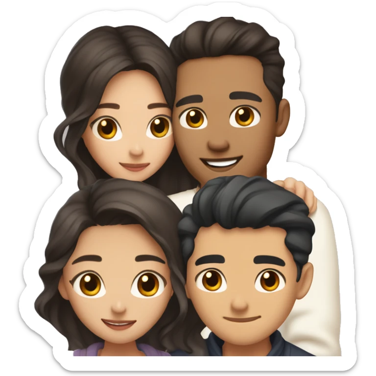 A half pale Asian man with short dark hair and amber eyes embracing and loving a half Asian woman with long wavy dark hair and dark hazel eyes. They love each other a lot And have good fashion taste. And are having a lot of fun sticker