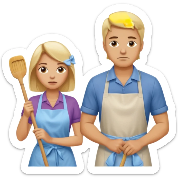 A blonde women slaving away cleaning a kitchen while her blonde husband scowls at her sticker