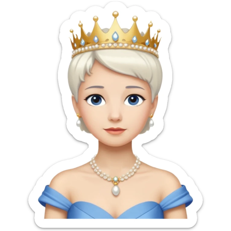 Queen with white short hair – gold tiara, pearl necklace, elegant gown, blue dress sticker