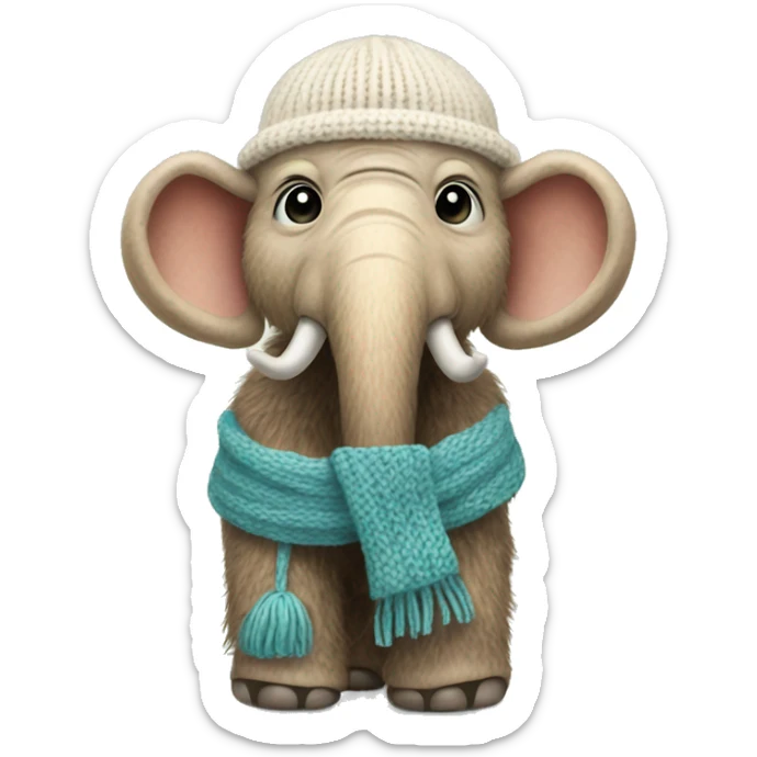 a baby mammoth in a small knitted hat and a narrow knitted scarf sticker