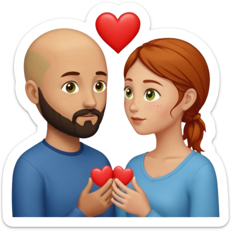 Couple. Bald man with dark brown-black beard. Woman with many small, faded, round freckles, white skin and she has auburn-yellow-brown dark hair. She has light yellow-brown-green eyes. He have hazel-blue eyes. They look at each other. Many small red hearts around them. sticker