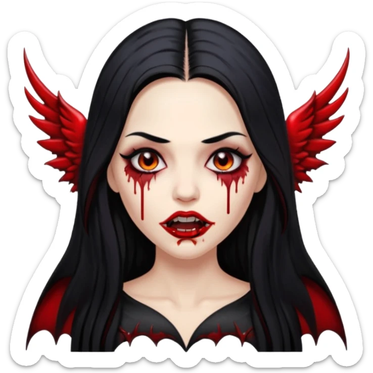 White woman with a white tank top long black hair glossy middle part long hair vamp look with fangs or blood dripping lips mouth closed brown eyes eyeliner winged with lashes top and bottom sticker