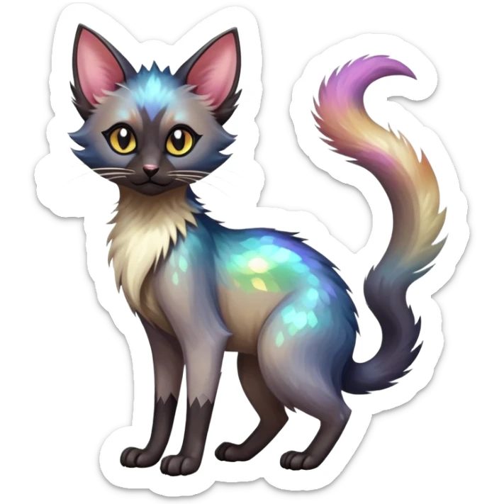 Colorful exotic tropical shiny Fantasy-Siamese-Fakémon-Lykoi-feline-hybrid (full body) sticker
