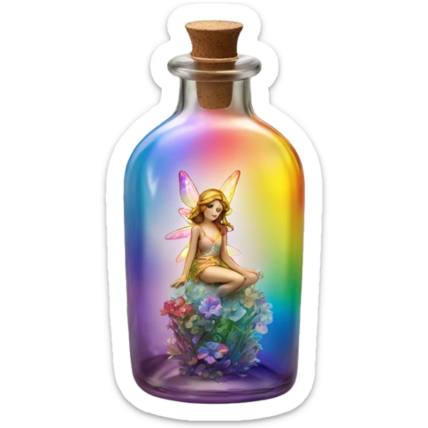 Antique oil bottle made of crystal glass of all delicate colors of the light rainbow, a living flower fairy sits at the bottom of the bottle sticker