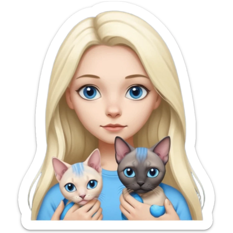 girl with long split-dye hair half blonde half black and blue eyes holding two grey sphynx cats emoji style sticker