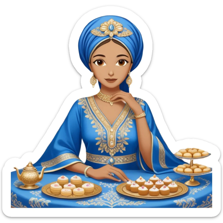 Arabian hospitality and tradition. A woman dressed in an elegant, intricately embroidered blue and gold kaftan sits gracefully at a lavish table filled with traditional sweets like luqaimat, pastries, and cakes, featuring silver tea sets, candles, and luxurious textiles sticker