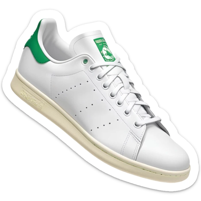 White Adidas Stan Smith shoe with green accents, iconic tennis sneaker, clean design, white with green heel tab, front angle view sticker