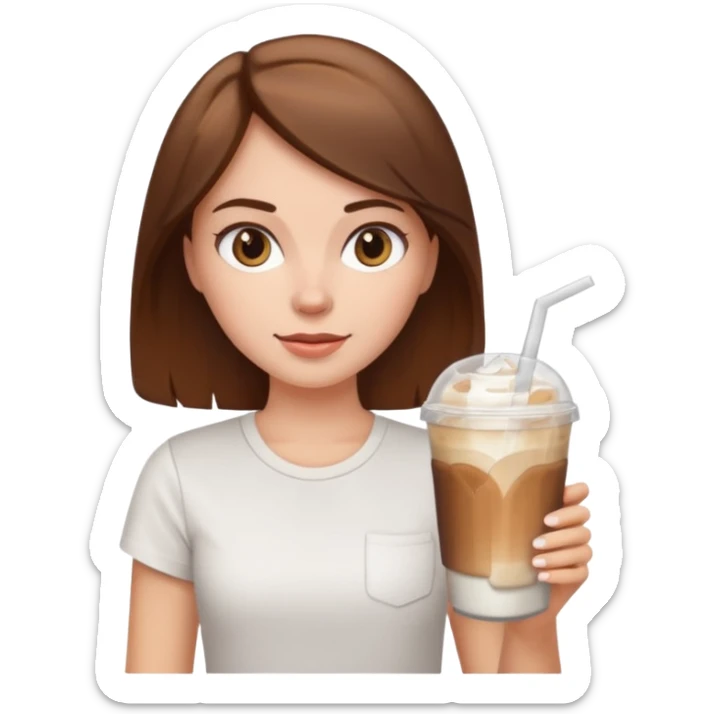 A white girl with brown hair and wearing a white tee holding an ice coffe sticker