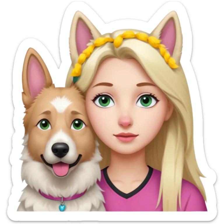 White European young woman with blue-green eyes and long blond hair with her white German Shepherd dog,the Dog has a pink nose and short fur  and Brown eyes sticker