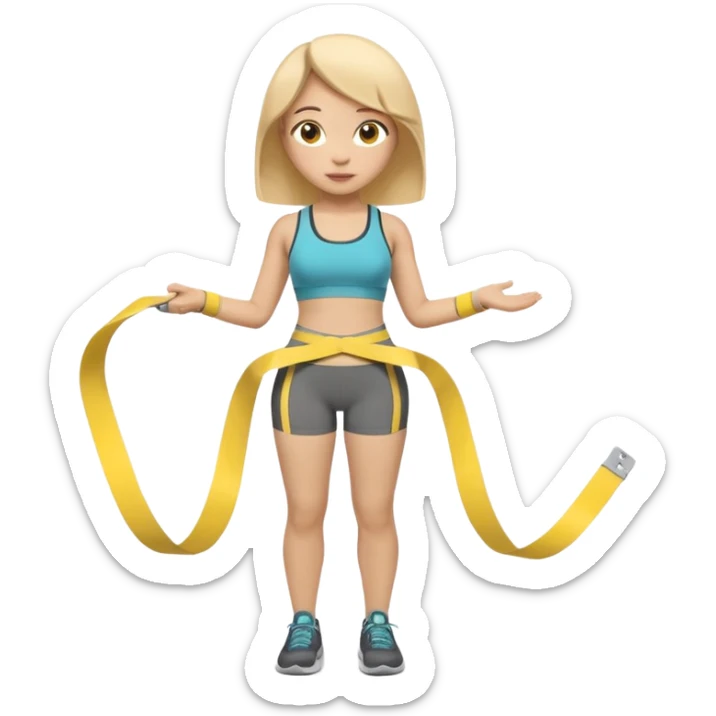 A 3D cartoon person measuring their waist with a yellow tape, casual fitness outfit, Memoji-style realism. sticker