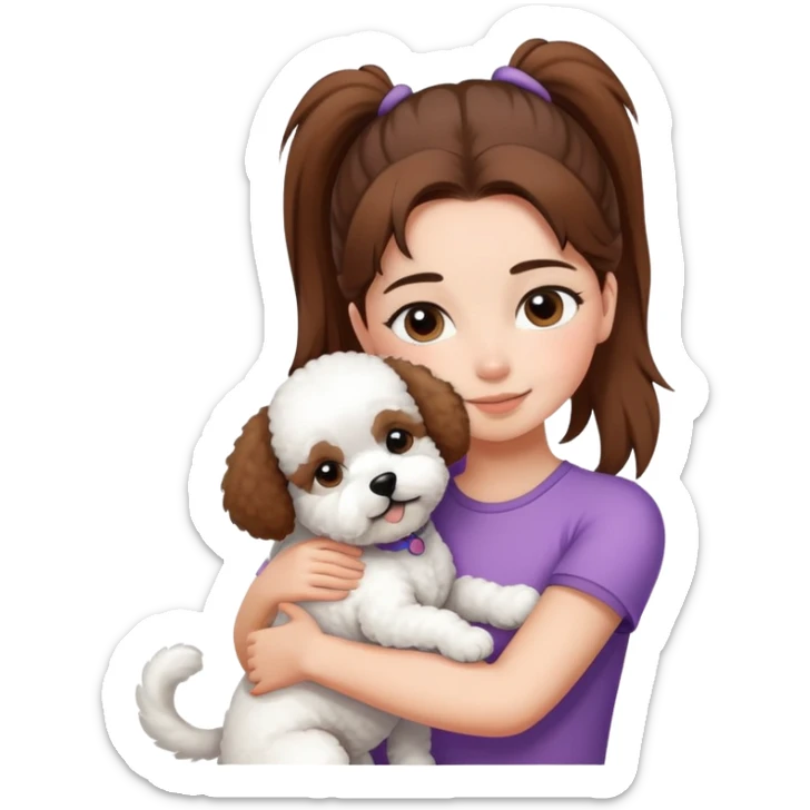 A girl with straight hair in a ponytail，hugging one Bichon frise sticker