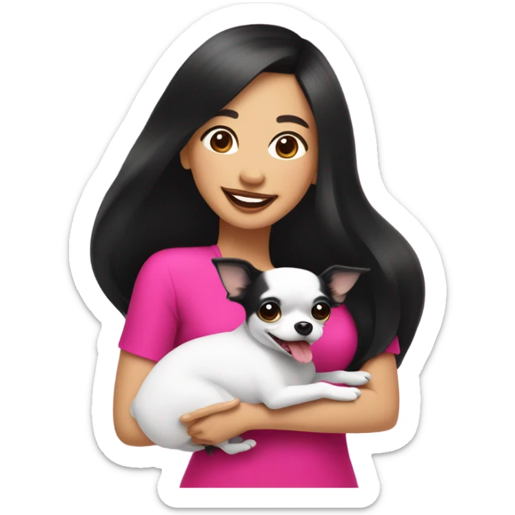 Thick medium black hair with hot pink lips and pink cheek smiling mature Filipino lady hugging black and white Chihuahua  sticker