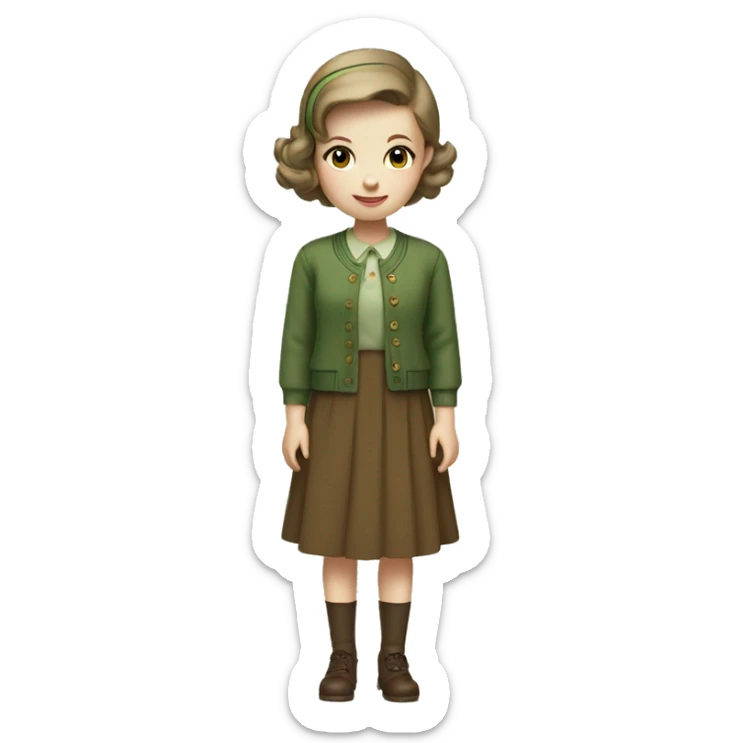 Very young girl with pale skin, straight brown, short hair, a brown 1940s dress with an earthy green cardigan sticker