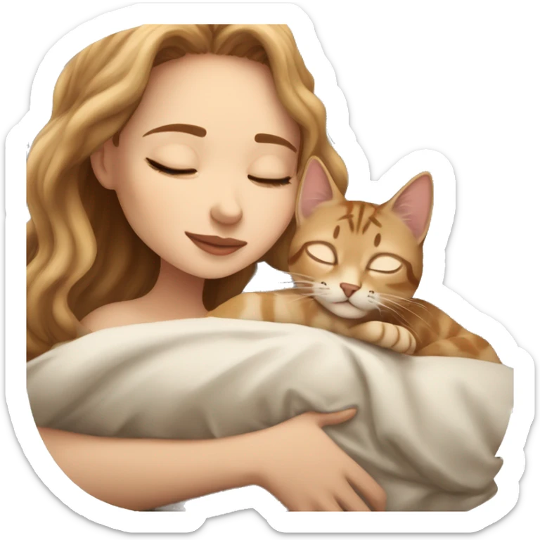 extremely light skin girl with light brown hair sleeping with cute bengal cat sticker
