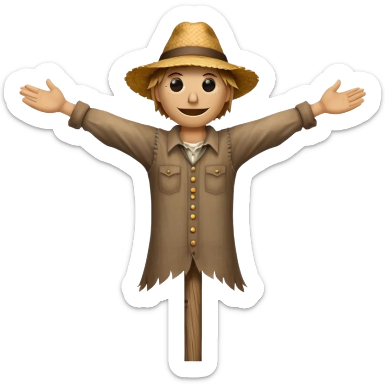 Scarecrow, Straw body, old brown hat, patched shirt, arms stretched on a wooden pole. sticker