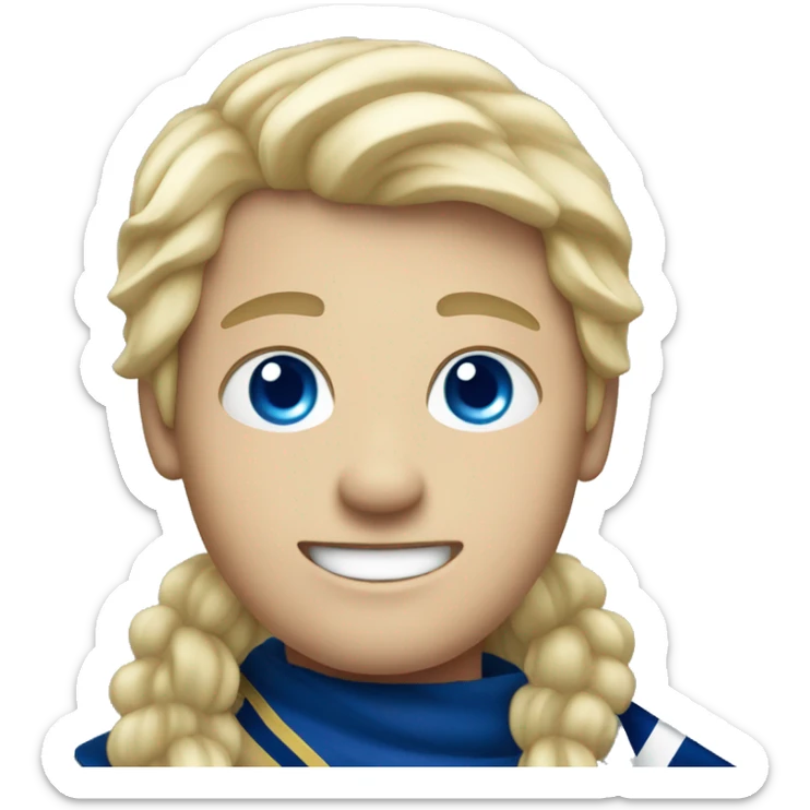 Male with blonde hair and blue eyes waving hand smiling with a Scotland flag sticker