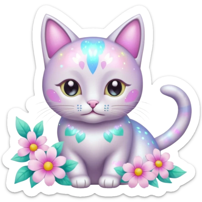 Pastel iridescent shiny glossy glittery cat with flowers and pastel colors aesthetic sticker