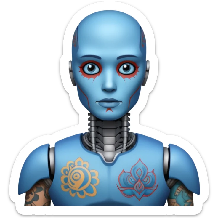 blue Tatooed robot, big many tatooes on chest, neck and face, tatoo on face sticker