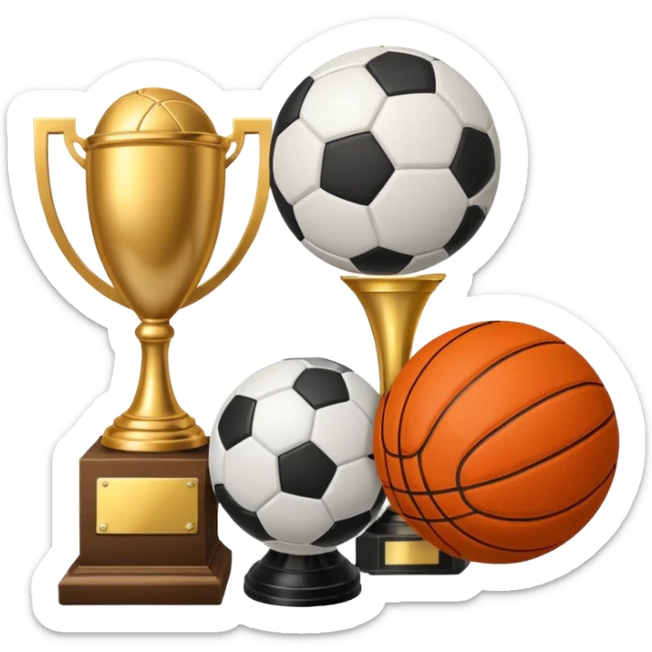 a basketball, soccer ball, volleyball, and a football all mixed with a trophy sticker