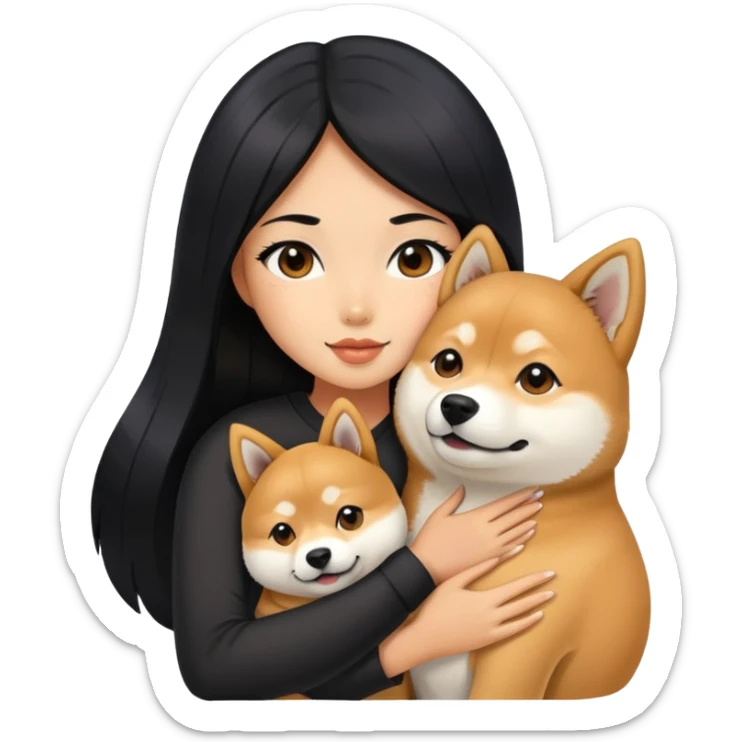 A beautiful girl with long black hair hugs a Shiba Lnu dog sticker