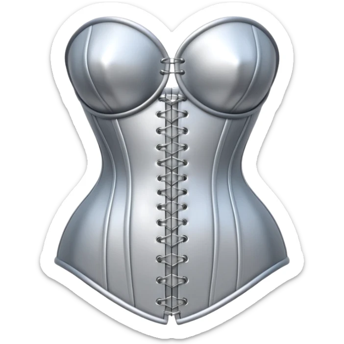 A luxury corset emoji made of silver chrome, smooth metallic curves, minimal fashion silhouette, glossy reflections, sensual high-end aesthetic, iOS emoji style, centered, clean white background sticker