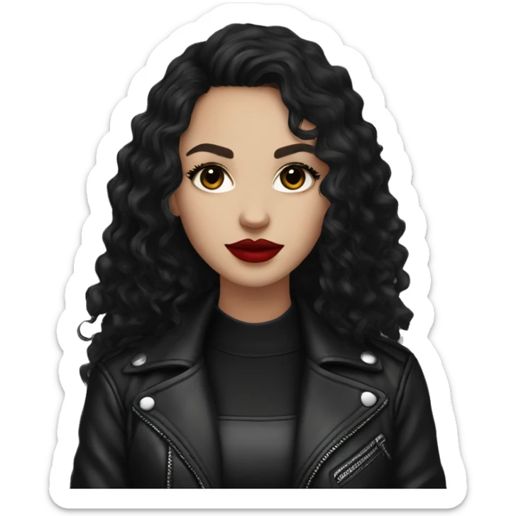 White girl, with long curly black hair, with red lipstick, black winged eyeliner, wearing black shirt and black leather jacket sticker