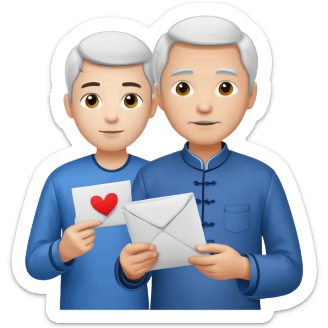 a young student with morden T-shirt handing letter to a old man official with chinese tunic suit sticker