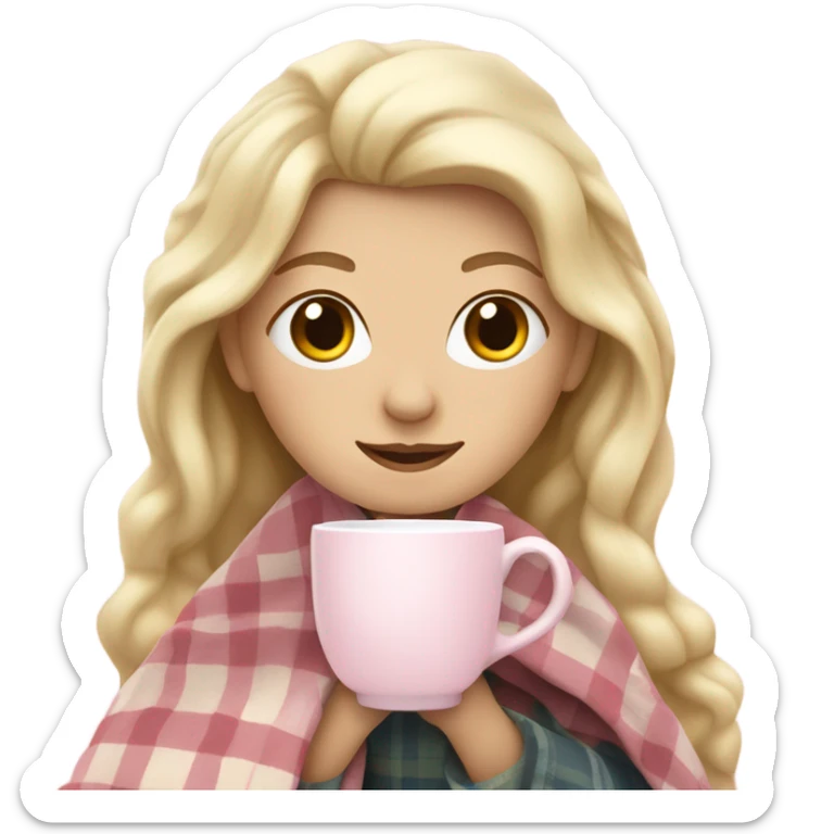 A pale blonde girl covered in a plaid light pink blanket sipping tea sticker