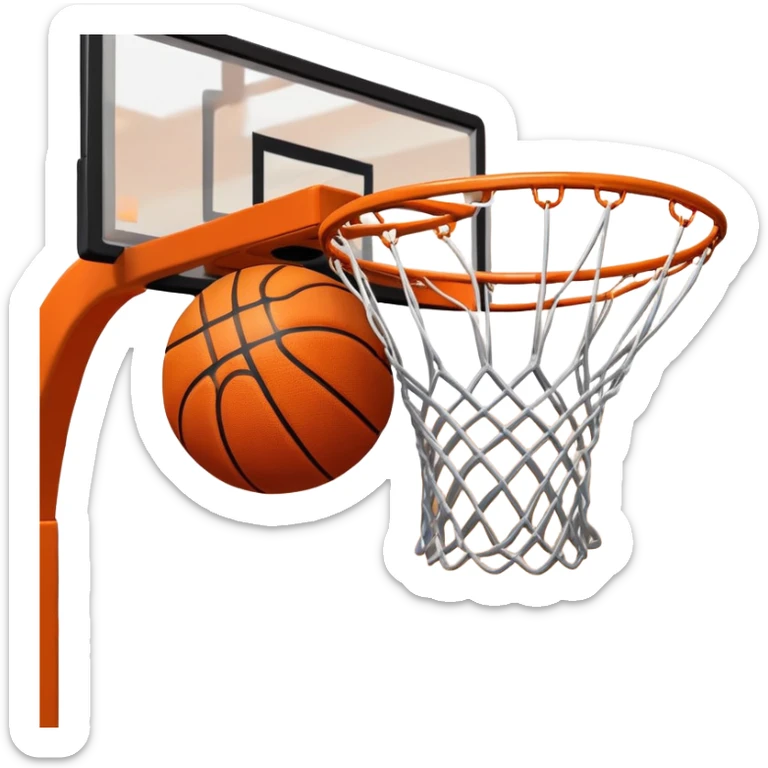 A close-up shot of a basketball entering the hoop, with the ball swishing through the net. The background features a blurred basketball court, emphasizing the perfect shot and the excitement of the game. sticker