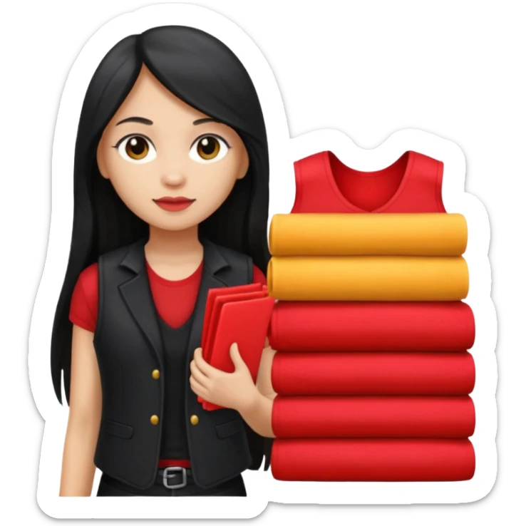 Girl with long light black straight hair and black vest and red stack of clothes on hands   sticker