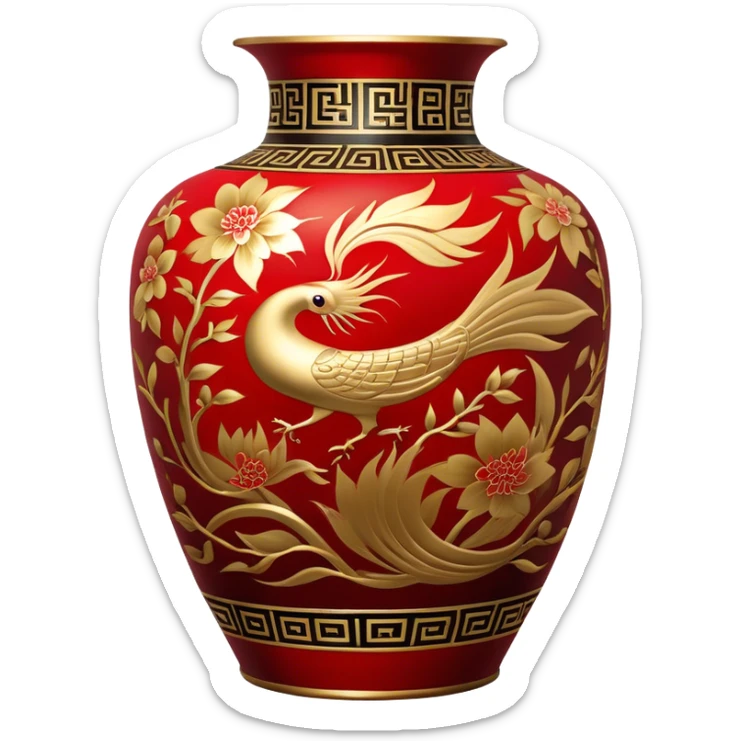 Chinese metal painting icon, intricate hand-painted Chinese patterns on metal vase, vibrant colors like red, gold, and black, delicate brushstrokes, visible fine paintbrush and metal surface, painting process, minimalistic style, clean lines, transparent background. sticker