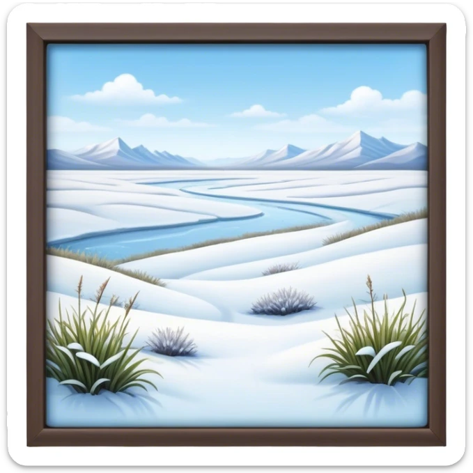 Cinematic Realistic Tundra Emoji in a wooden frame, Vast and cold, with wide expanses of snow-covered ground, sparse grasses poking through, and the occasional hardy shrub breaking up the pale white landscape. The sky above is a pale, frosty blue, and the light reflects off the snow, creating a serene yet starkly beautiful environment. Soft glowing outline, capturing the essence of a quiet, still, frozen wilderness where life endures despite the harsh conditions. sticker