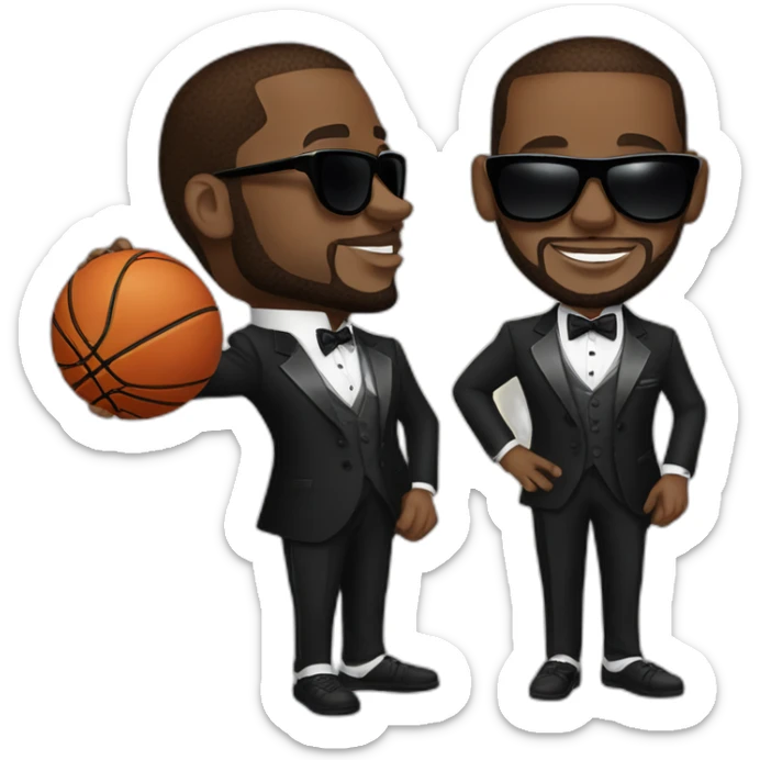 lebron james in a fancy tuxedo suit with sunglasses holding a basketball sticker