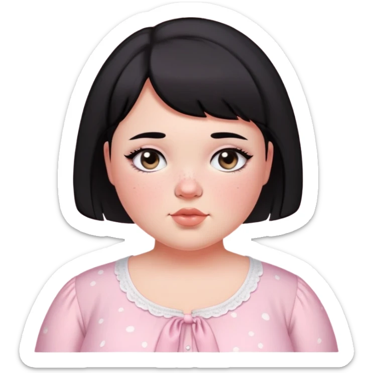 black short haired chubby girl with black eyes and fair skin with freckles in a light pink coquette blouse sticker