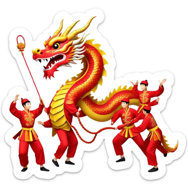 Cinematic Realistic scene of a traditional Chinese Dragon Dance featuring a team of performers skillfully manipulating a colossal, flexible dragon puppet, its intricately detailed, vibrant scales and flowing, embroidered fabric catching the light, set against a festive backdrop of red lanterns and dynamic red-tinged lighting that accentuates the majestic presence of the dragon puppet. sticker
