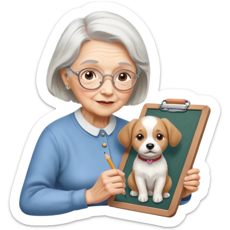 An elderly woman sketching, art board,nice picture, puppy face pencil art style. sticker