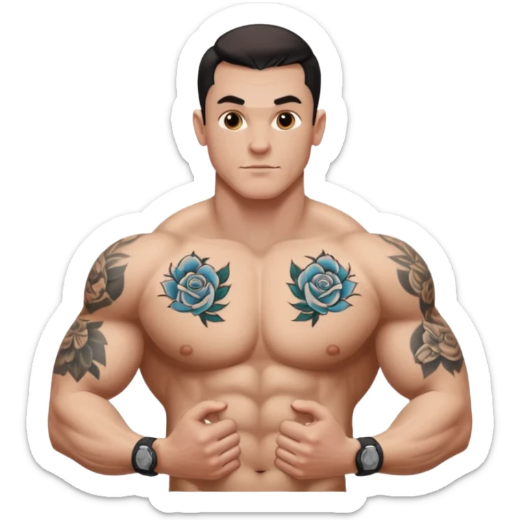 tattoo man, white skintone, more highlight the tattoo, body builder, tatto on fully chest, more tattoos on the body. sticker