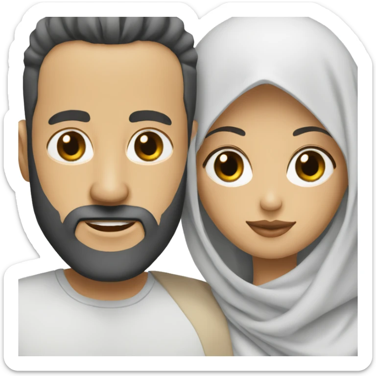 White with man shaved beard with curly black hairs with her wife wear a hijab  sticker