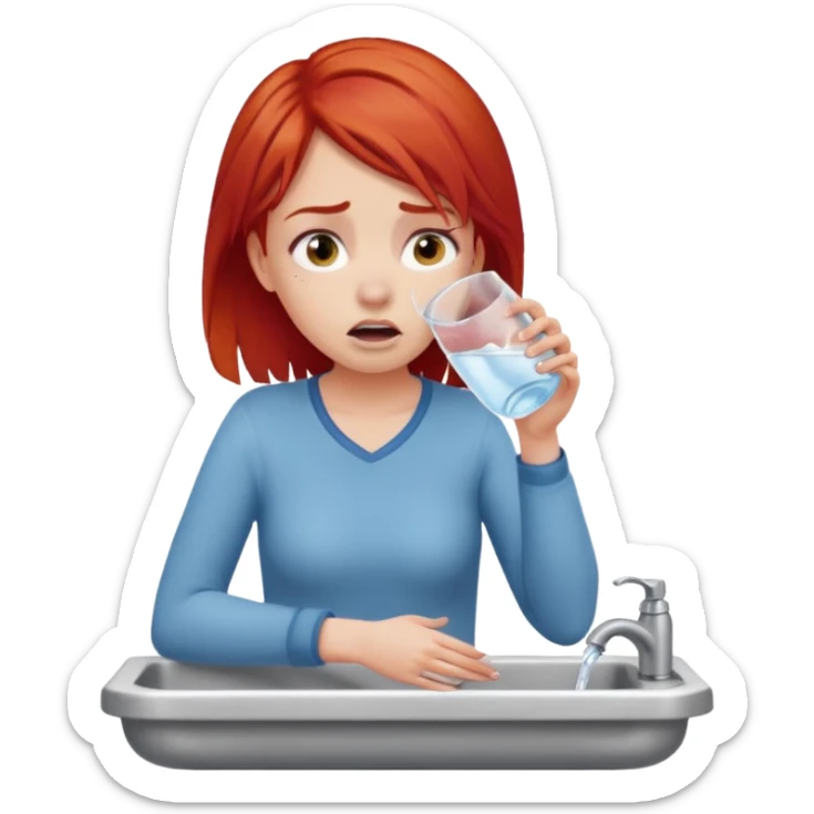 apple style emoji of a girl with red hair trying to drink water from a sink but unable to, looking desperate with an empty glass sticker