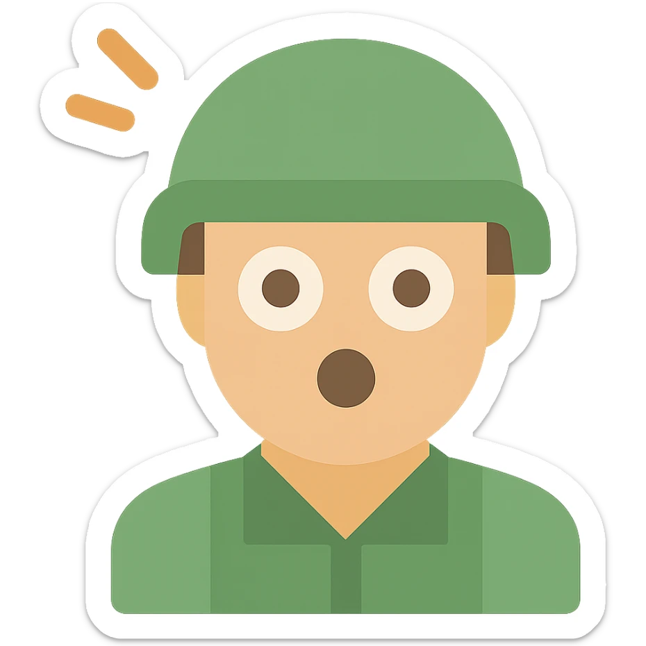 Add color to this confused/surprised soldier icon with a green helmet, natural skin, and a cartoonish but clean look. Use a transparent background. sticker