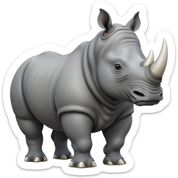cinematic-rhino-full-body-standing-emoji,white horn, slate grey skin -massive-body-poised-powerfully,-thick-horn-curving-slightly-forward,-head-tilted-dramatically,-rough-grey-hide-covered-in-dust,-simplified-focused-features, sticker