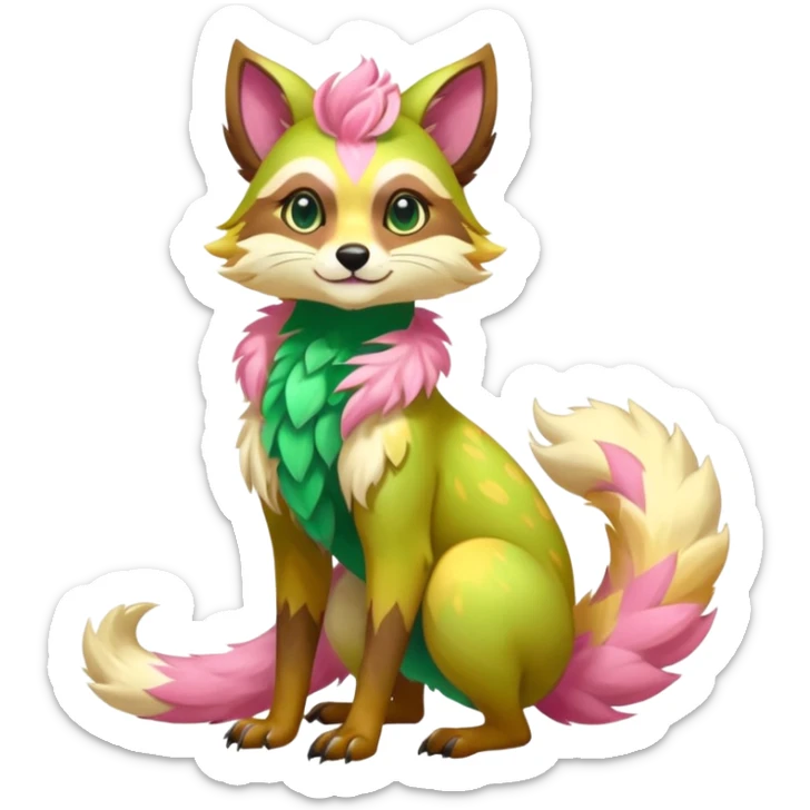 Colorful brown with rose-pink, yellow-beige-cream, jade-green tropical exotic shiny beautiful fantasy-Vernid-Cacomistle-animal-Fakémon-hybrid-fursona (full body) sticker