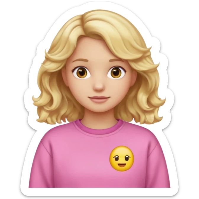 avatar of a girl with blonde wavy hair wearing a pink sweatshirt, emoji style sticker