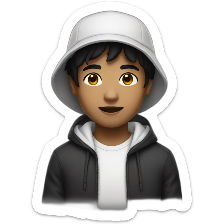 A boy with black eyes and black hair, wearing a black bucket hat and a white hoodie  sticker